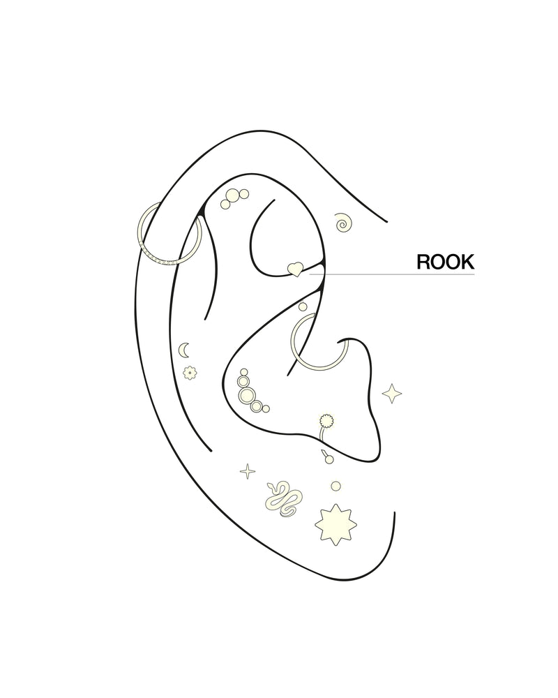 Dibujo minimalista a trazo seco de una oreja con varios piercings. La palabra «HELIX», junto con una línea, señala el borde superior externo de la oreja, indicando la ubicación del piercing en el hélix.