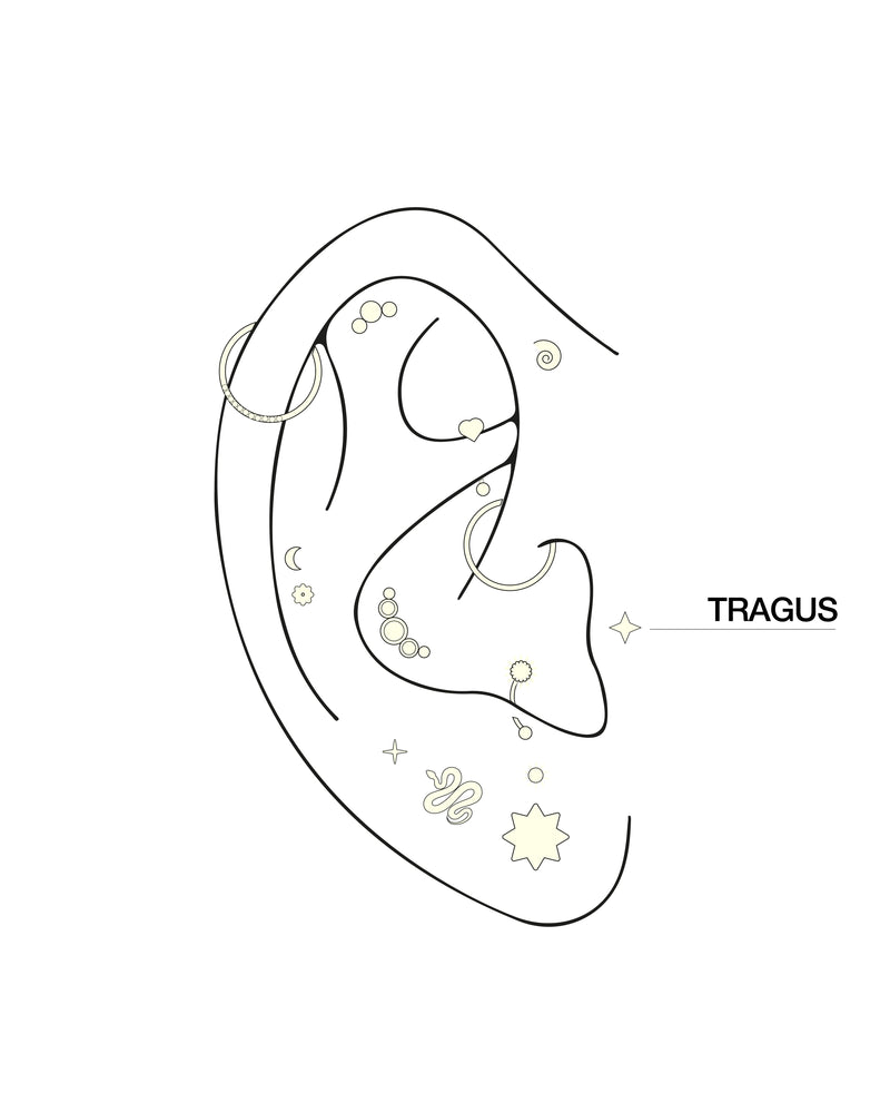 Dibujo minimalista a trazo seco de una oreja con varios piercings. La palabra «HELIX», junto con una línea, señala el borde superior externo de la oreja, indicando la ubicación del piercing en el hélix.