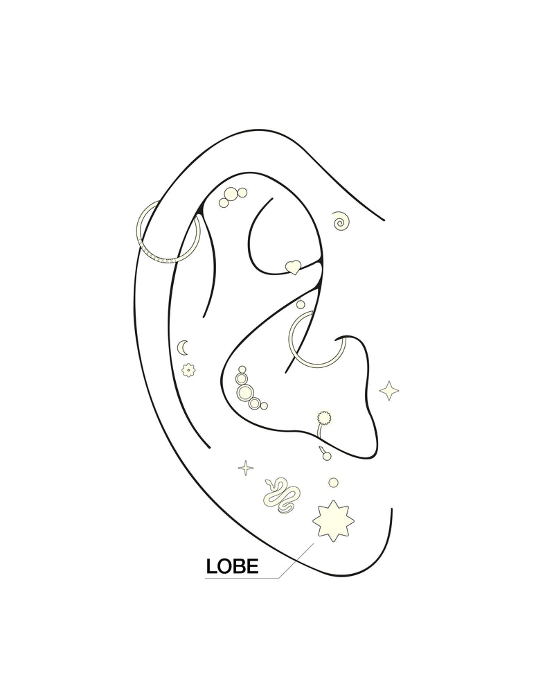 Un sencillo dibujo a trazo de una oreja con varios piercings, entre los que se incluye un piercing en el hélix, claramente identificado. Pequeños símbolos decorativos, como estrellas, lunas y círculos, rodean la oreja.