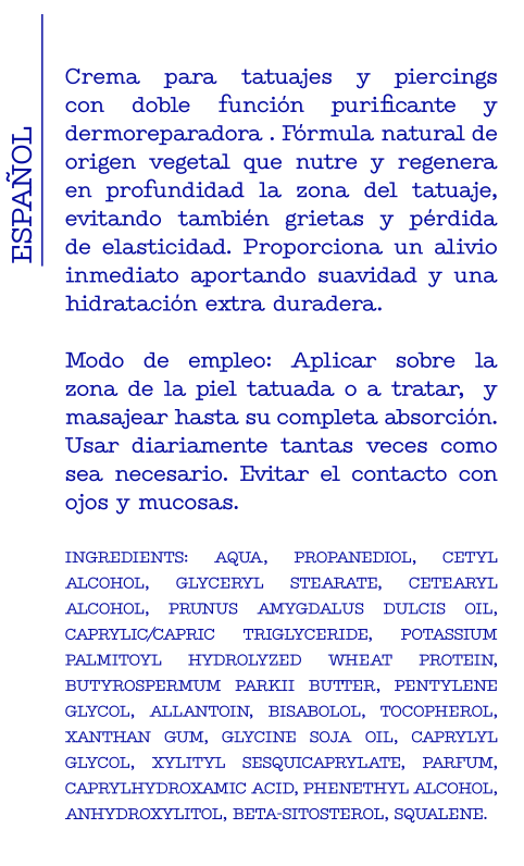 TWOOM Tattoo Aftercare de NOBLE ART BEAUTY SOCIEDAD LIMITADA: crema con ingredientes naturales, de acción purificadora y reparadora. Incluye instrucciones y lista de ingredientes; ideal para después de tatuajes, piercings o depilación láser.
