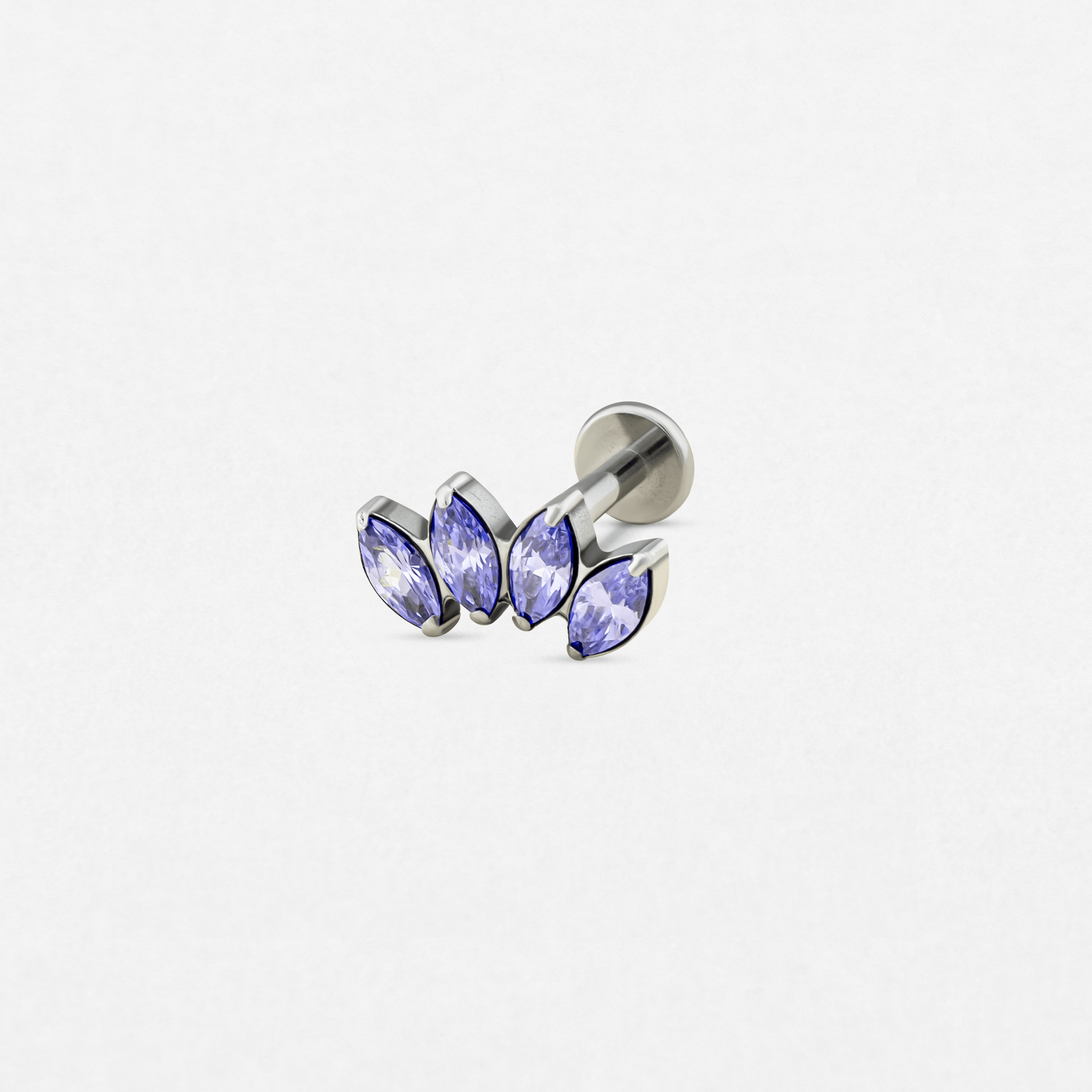 The «Marquise 5 cz» model by Titanio-Noble Art is a silver stud earring with five purple marquise-cut stones arranged in a fan shape, ideal for any type of piercing, presented on a plain white background.