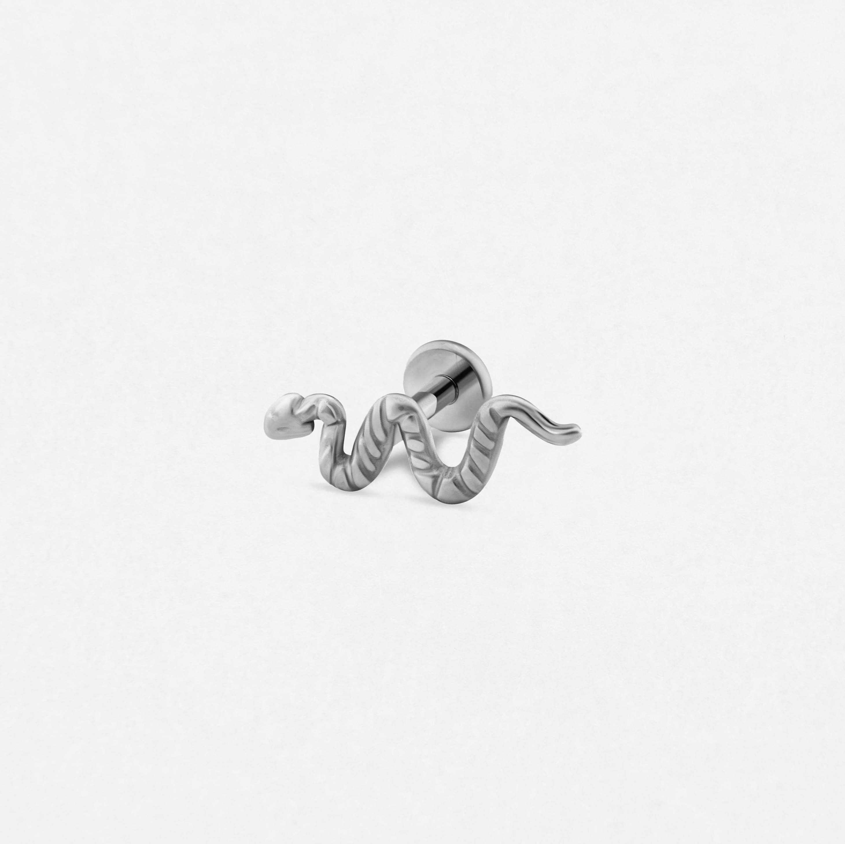 El pendiente de botón «Snake» de la colección Titanio-Noble Art presenta una pequeña forma ondulada de plata pulida, destacada sobre un fondo blanco, que destila una elegancia minimalista.